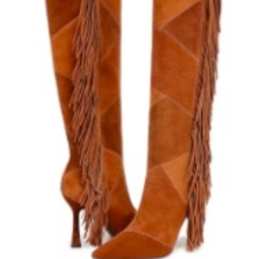Sam Edelman Brown Suede Fringe Boots 7.5 Wide  Calf. Short Side Zipper Brand New